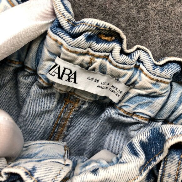 Zara High Rise Tapered Jeans Womens 4 Blue Acid Wash Paper Bag Relaxed Button - Picture 9 of 11